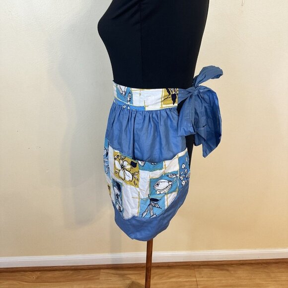 Womens Vintage Kitchen Apron Blue Yellow Floral Tie Back At Waist Cotton Retro - Picture 5 of 8